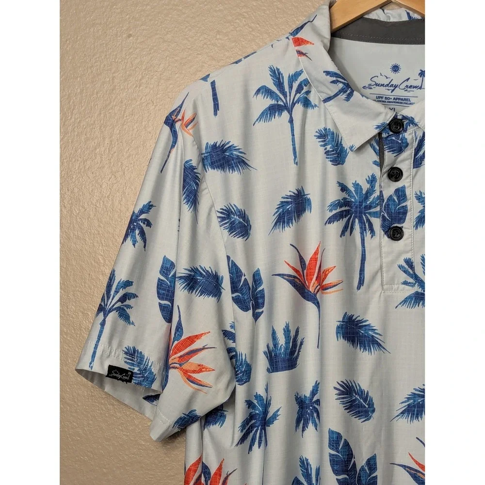 Sunday Crew Polo Shirt Mens XL White Blue Tropical Palm Bird of Paradise UPF 50+